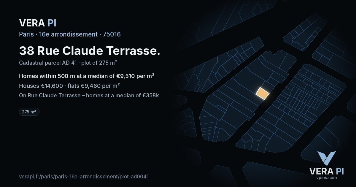 38 Rue Claude Terrasse, 16e arrondissement at night – the plot lit, the parcels around coloured by the prices near them
