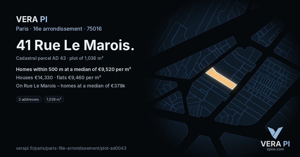 41 Rue Le Marois, 16e arrondissement at night – the plot lit, the parcels around coloured by the prices near them
