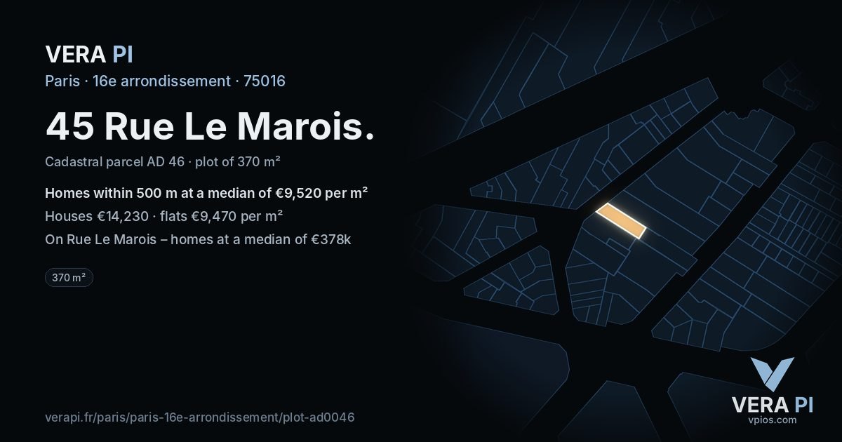 45 Rue Le Marois, 16e arrondissement at night – the plot lit, the parcels around coloured by the prices near them