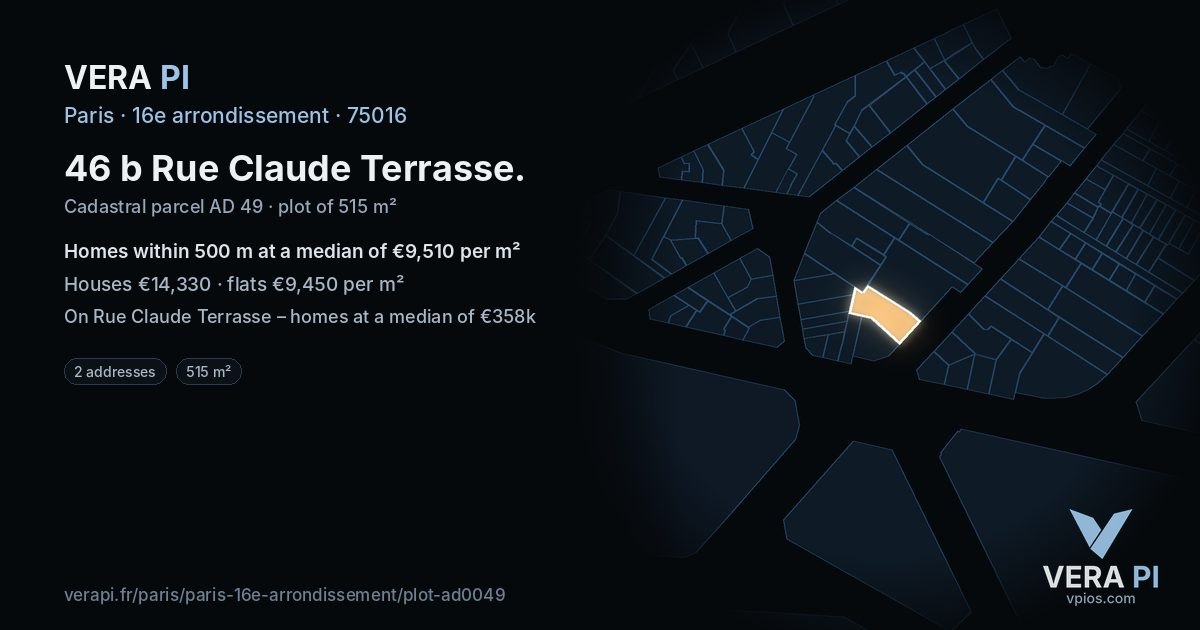 46 b Rue Claude Terrasse, 16e arrondissement at night – the plot lit, the parcels around coloured by the prices near them
