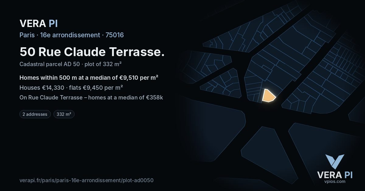 50 Rue Claude Terrasse, 16e arrondissement at night – the plot lit, the parcels around coloured by the prices near them