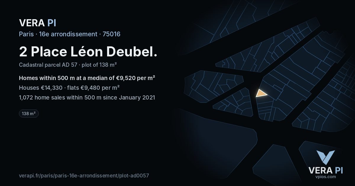 2 Place Léon Deubel, 16e arrondissement at night – the plot lit, the parcels around coloured by the prices near them