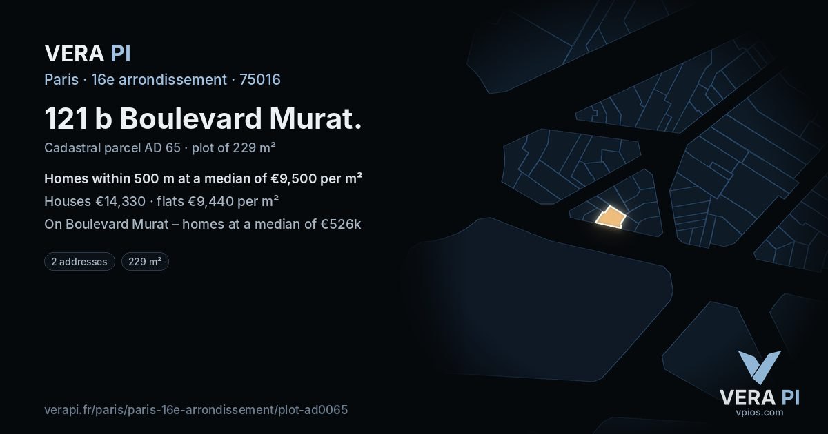 121 b Boulevard Murat, 16e arrondissement at night – the plot lit, the parcels around coloured by the prices near them