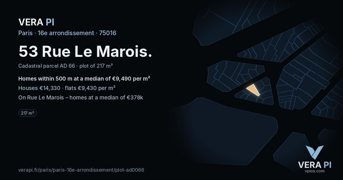 53 Rue Le Marois, 16e arrondissement at night – the plot lit, the parcels around coloured by the prices near them