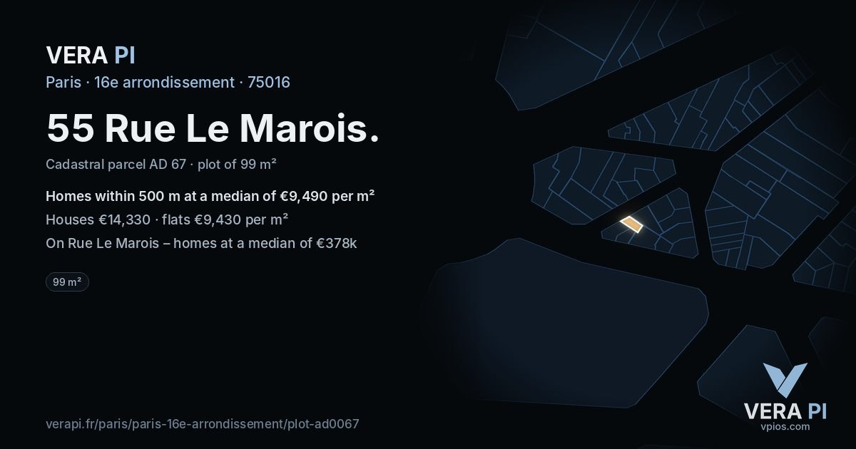 55 Rue Le Marois, 16e arrondissement at night – the plot lit, the parcels around coloured by the prices near them