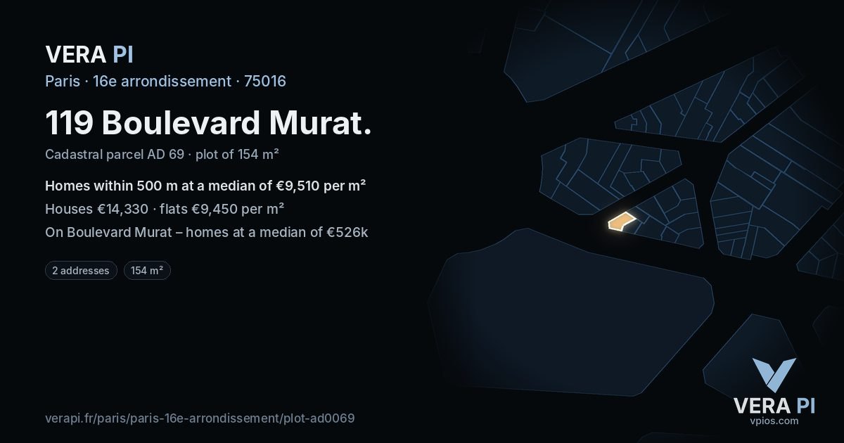 119 Boulevard Murat, 16e arrondissement at night – the plot lit, the parcels around coloured by the prices near them