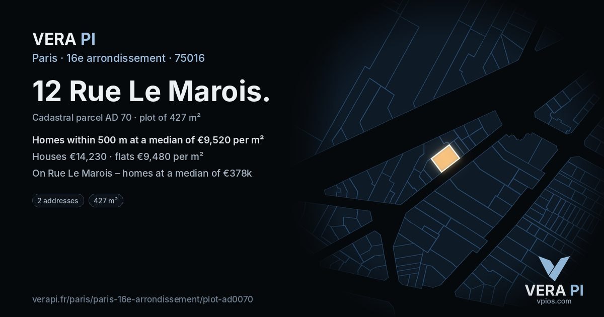 12 Rue Le Marois, 16e arrondissement at night – the plot lit, the parcels around coloured by the prices near them