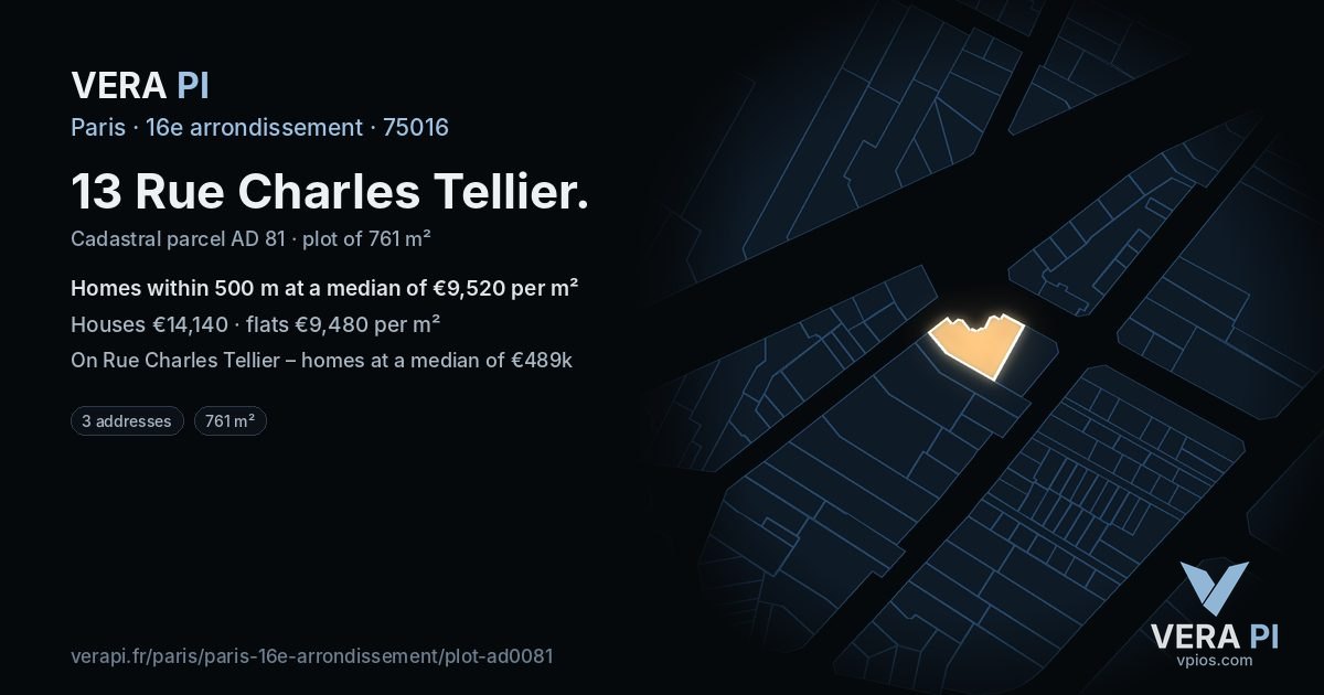 13 Rue Charles Tellier, 16e arrondissement at night – the plot lit, the parcels around coloured by the prices near them