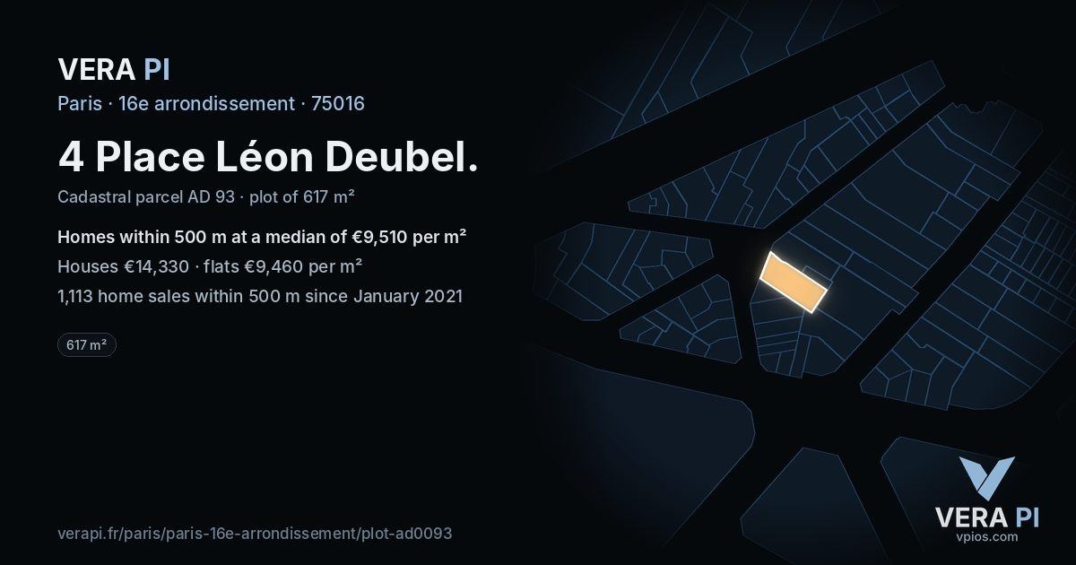 4 Place Léon Deubel, 16e arrondissement at night – the plot lit, the parcels around coloured by the prices near them