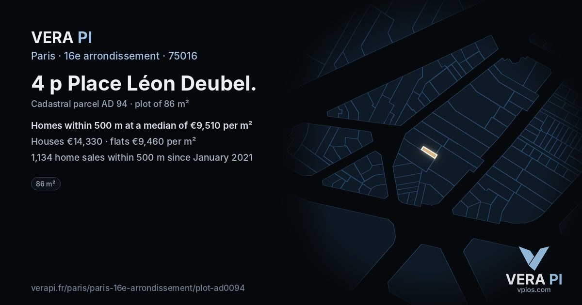 4 p Place Léon Deubel, 16e arrondissement at night – the plot lit, the parcels around coloured by the prices near them