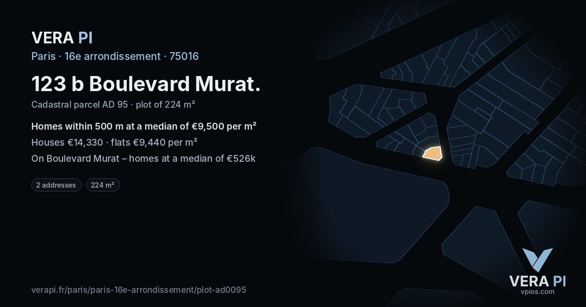 123 b Boulevard Murat, 16e arrondissement at night – the plot lit, the parcels around coloured by the prices near them