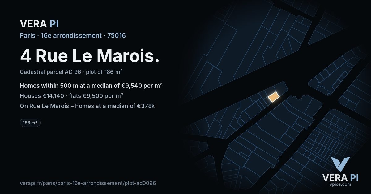 4 Rue Le Marois, 16e arrondissement at night – the plot lit, the parcels around coloured by the prices near them