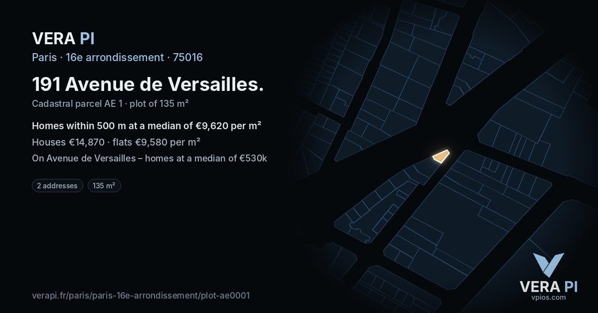 191 Avenue de Versailles, 16e arrondissement at night – the plot lit, the parcels around coloured by the prices near them