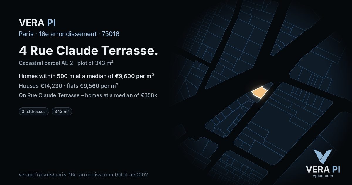 4 Rue Claude Terrasse, 16e arrondissement at night – the plot lit, the parcels around coloured by the prices near them