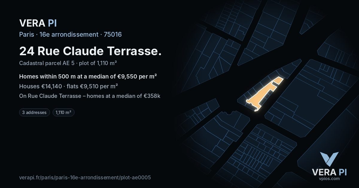 24 Rue Claude Terrasse, 16e arrondissement at night – the plot lit, the parcels around coloured by the prices near them