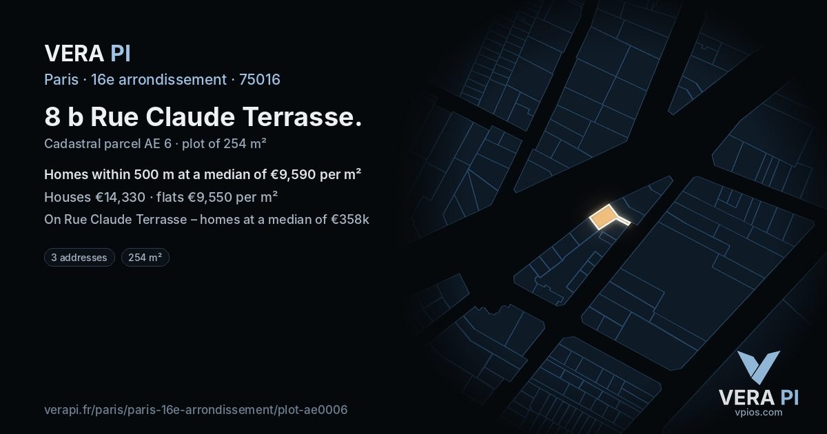 8 b Rue Claude Terrasse, 16e arrondissement at night – the plot lit, the parcels around coloured by the prices near them