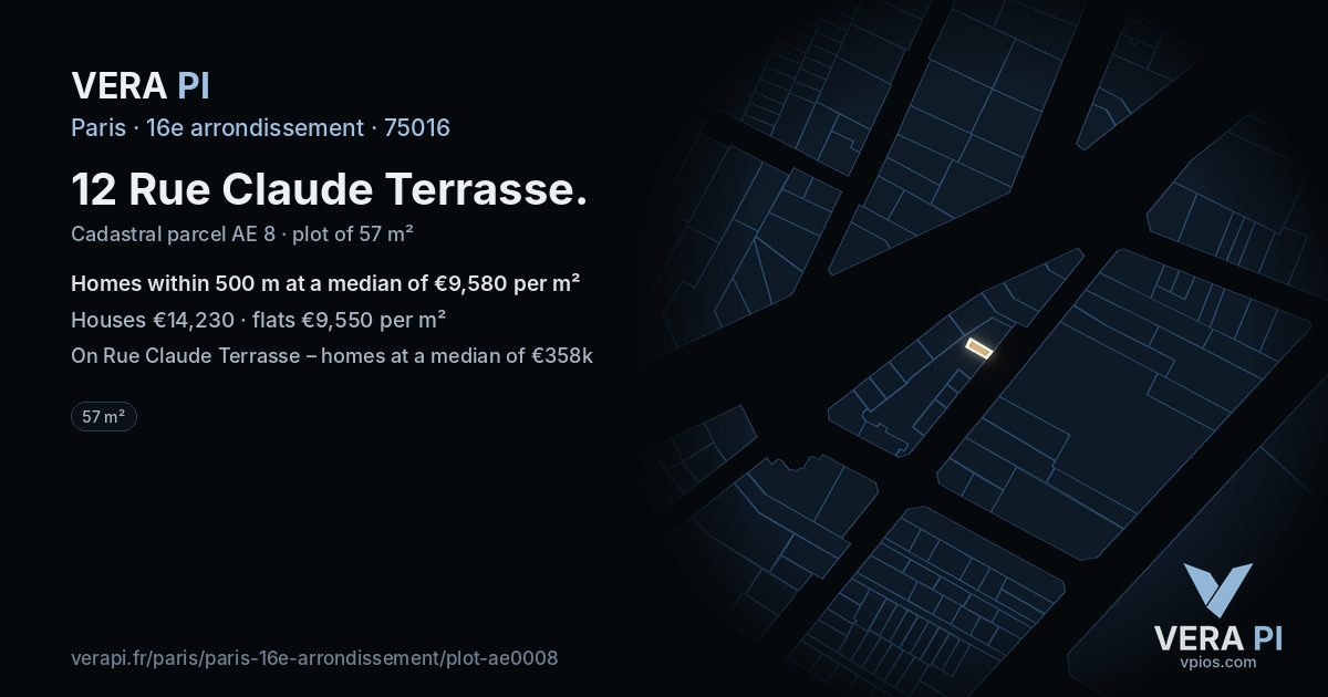 12 Rue Claude Terrasse, 16e arrondissement at night – the plot lit, the parcels around coloured by the prices near them