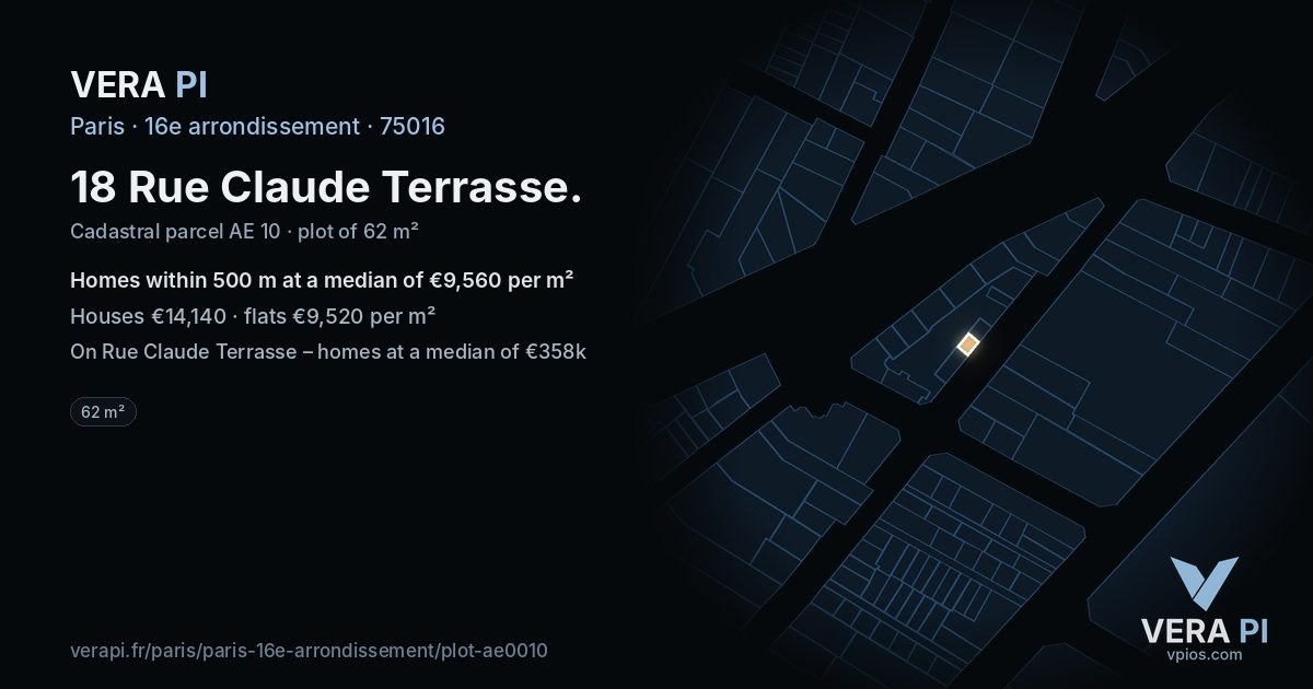 18 Rue Claude Terrasse, 16e arrondissement at night – the plot lit, the parcels around coloured by the prices near them