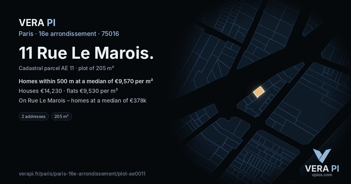 11 Rue Le Marois, 16e arrondissement at night – the plot lit, the parcels around coloured by the prices near them