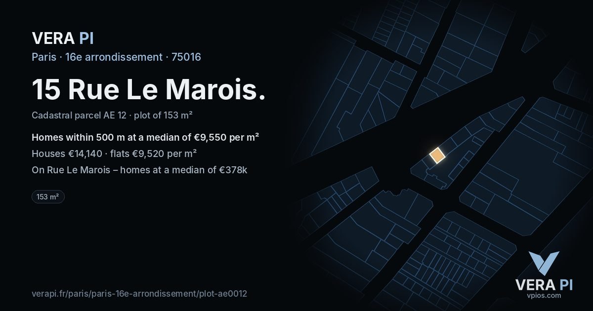 15 Rue Le Marois, 16e arrondissement at night – the plot lit, the parcels around coloured by the prices near them