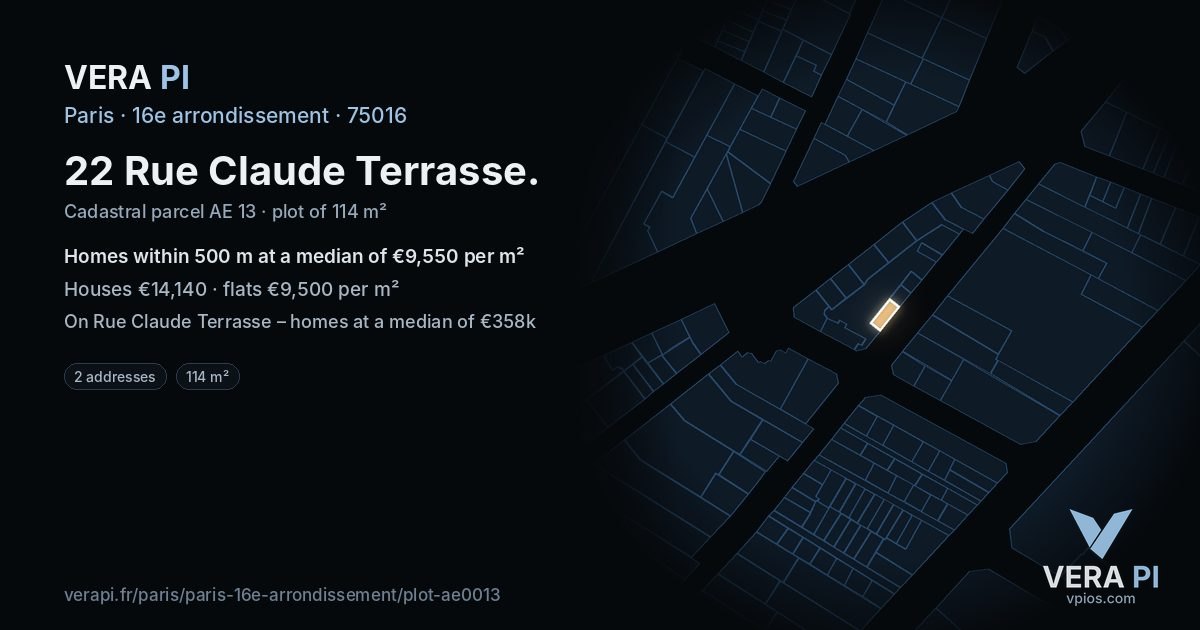 22 Rue Claude Terrasse, 16e arrondissement at night – the plot lit, the parcels around coloured by the prices near them