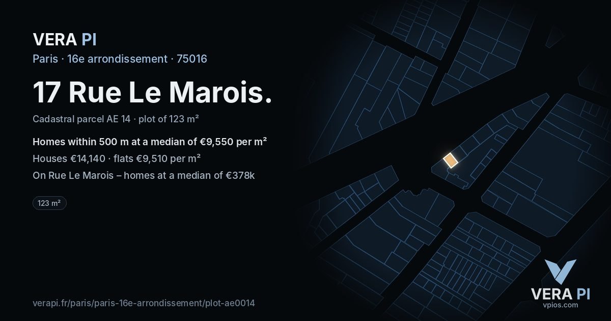 17 Rue Le Marois, 16e arrondissement at night – the plot lit, the parcels around coloured by the prices near them
