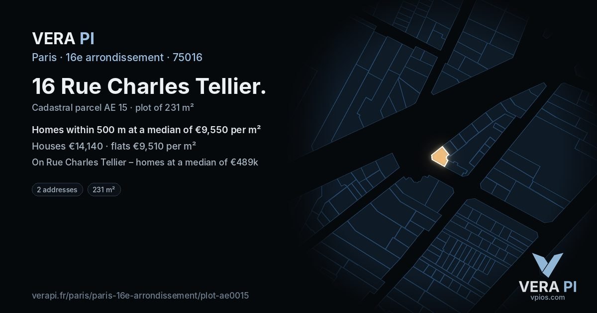 16 Rue Charles Tellier, 16e arrondissement at night – the plot lit, the parcels around coloured by the prices near them