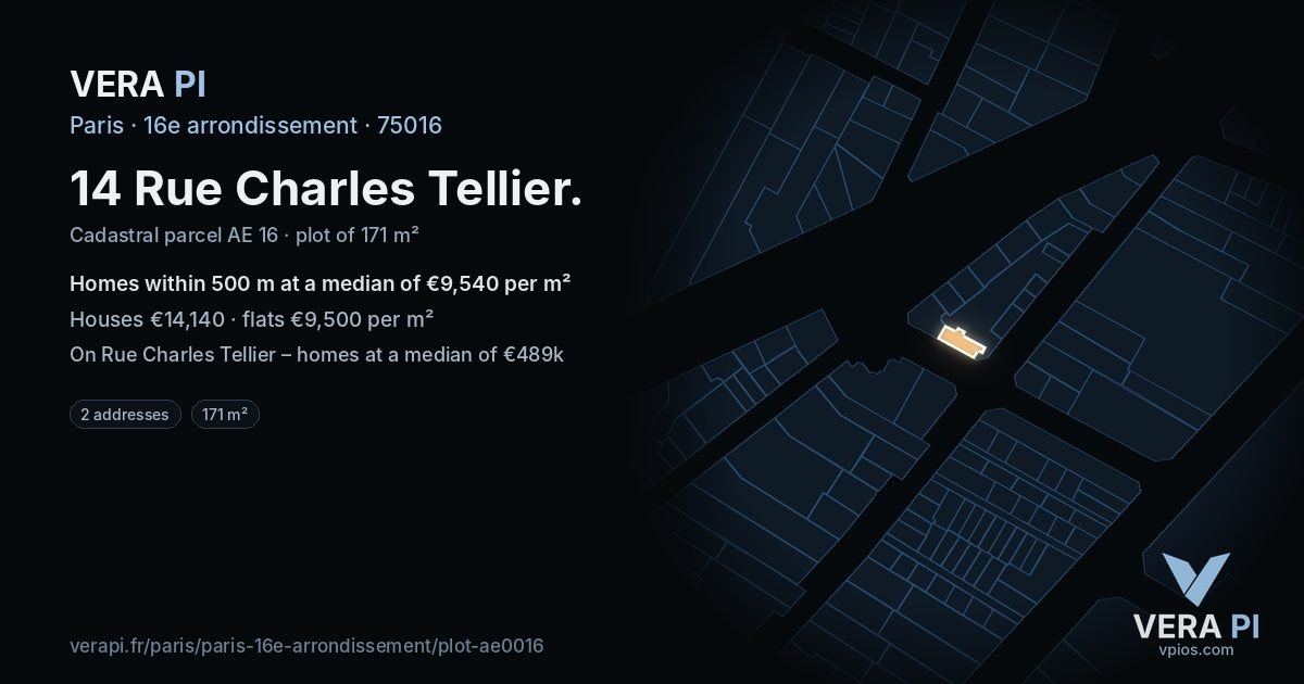 14 Rue Charles Tellier, 16e arrondissement at night – the plot lit, the parcels around coloured by the prices near them