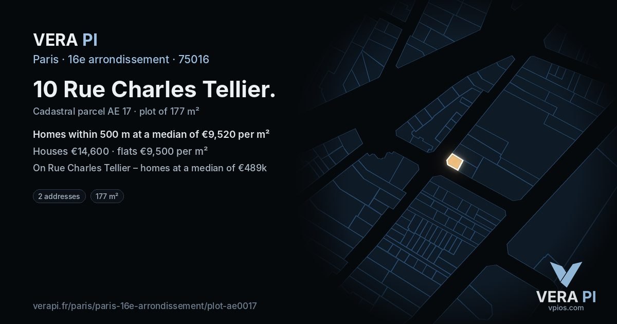 10 Rue Charles Tellier, 16e arrondissement at night – the plot lit, the parcels around coloured by the prices near them