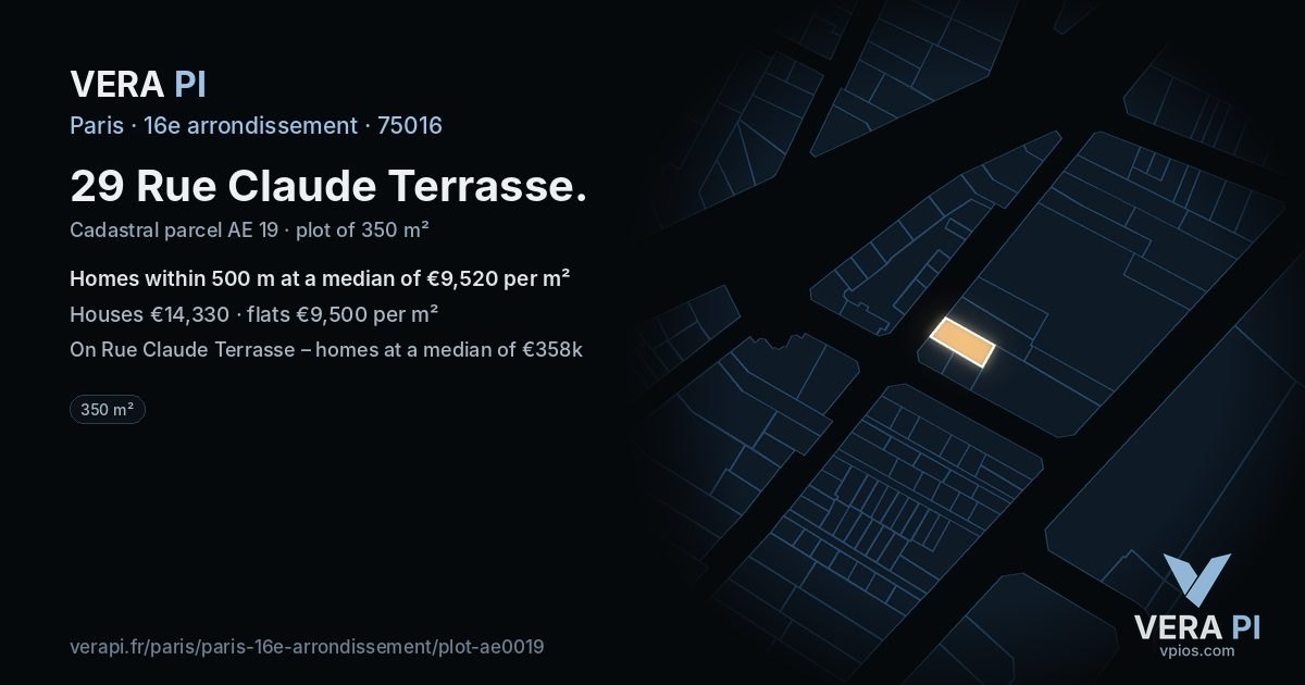 29 Rue Claude Terrasse, 16e arrondissement at night – the plot lit, the parcels around coloured by the prices near them