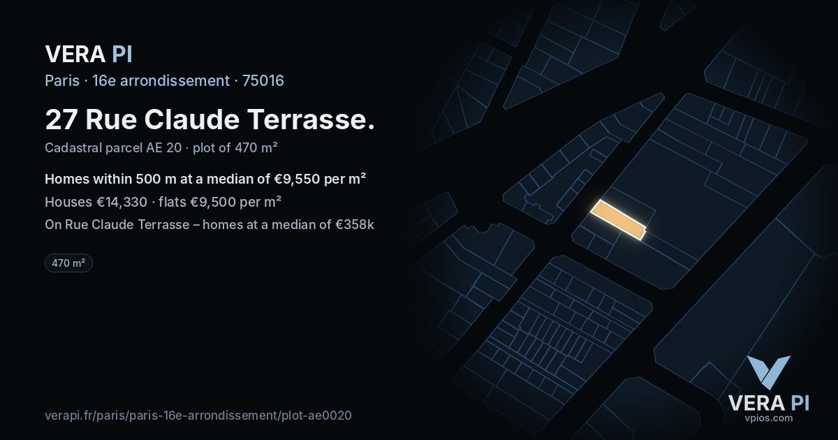 27 Rue Claude Terrasse, 16e arrondissement at night – the plot lit, the parcels around coloured by the prices near them