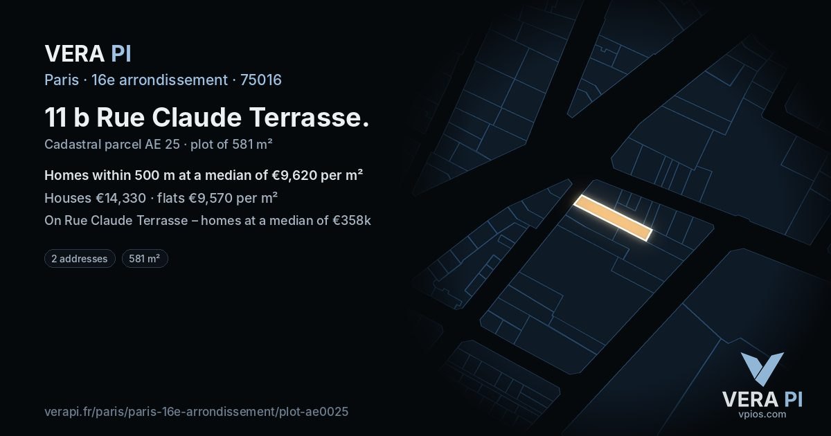 11 b Rue Claude Terrasse, 16e arrondissement at night – the plot lit, the parcels around coloured by the prices near them