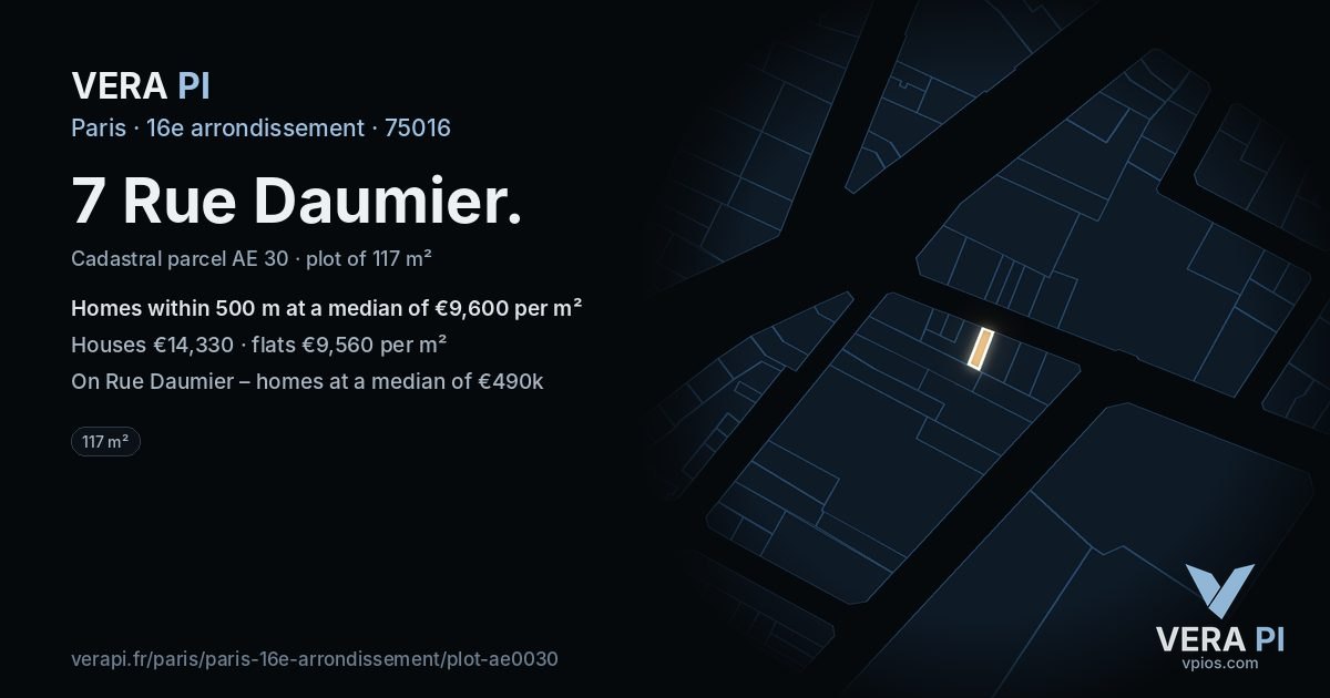 7 Rue Daumier, 16e arrondissement at night – the plot lit, the parcels around coloured by the prices near them