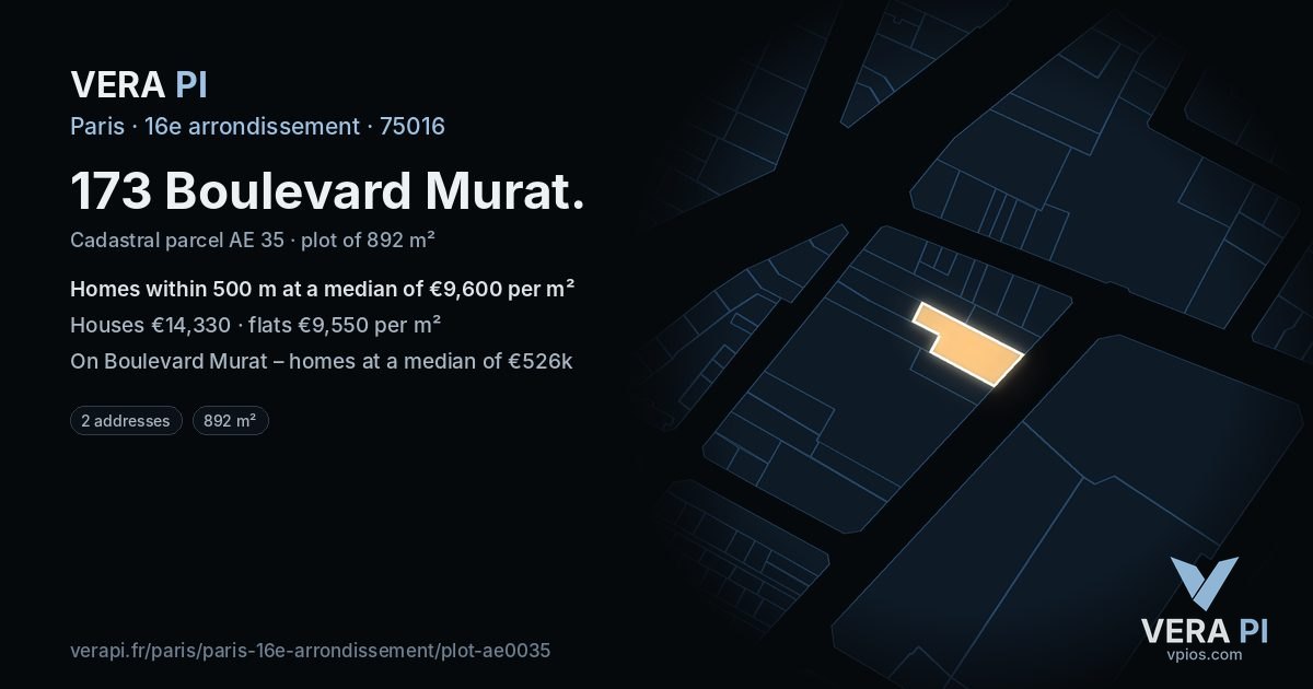 173 Boulevard Murat, 16e arrondissement at night – the plot lit, the parcels around coloured by the prices near them