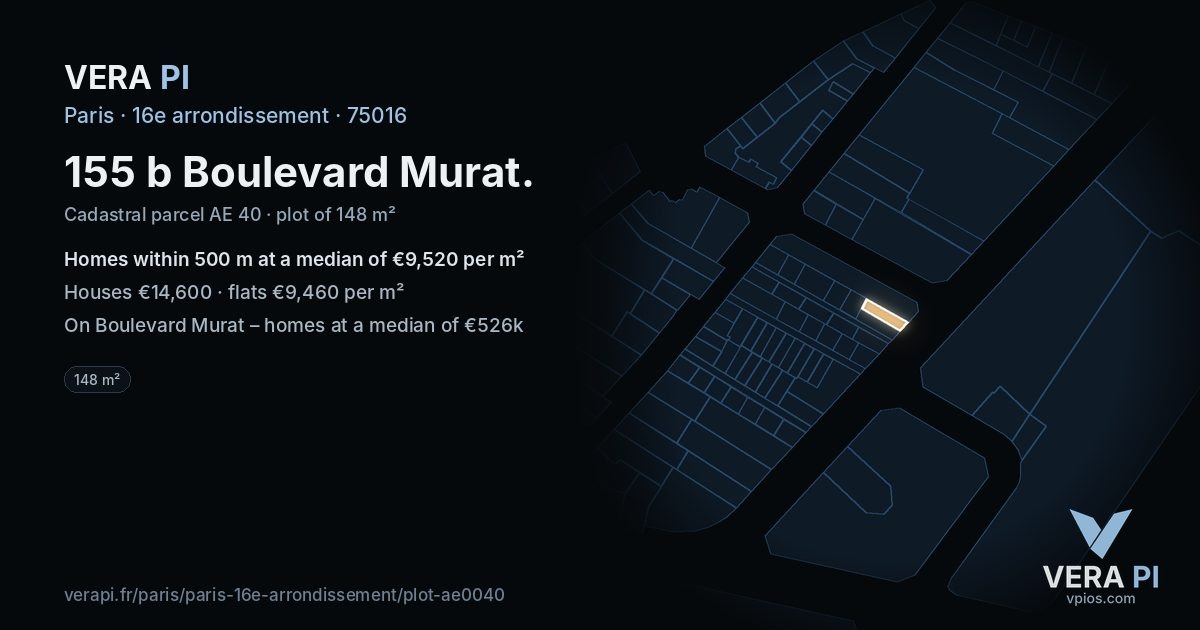 155 b Boulevard Murat, 16e arrondissement at night – the plot lit, the parcels around coloured by the prices near them