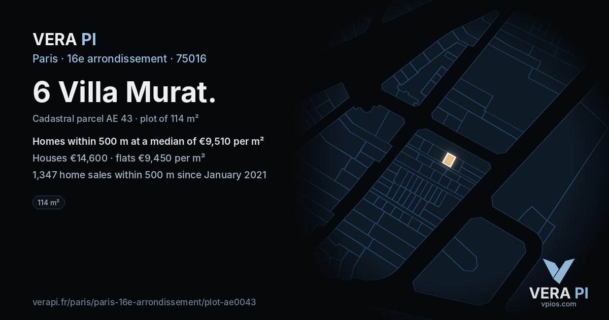 6 Villa Murat, 16e arrondissement at night – the plot lit, the parcels around coloured by the prices near them