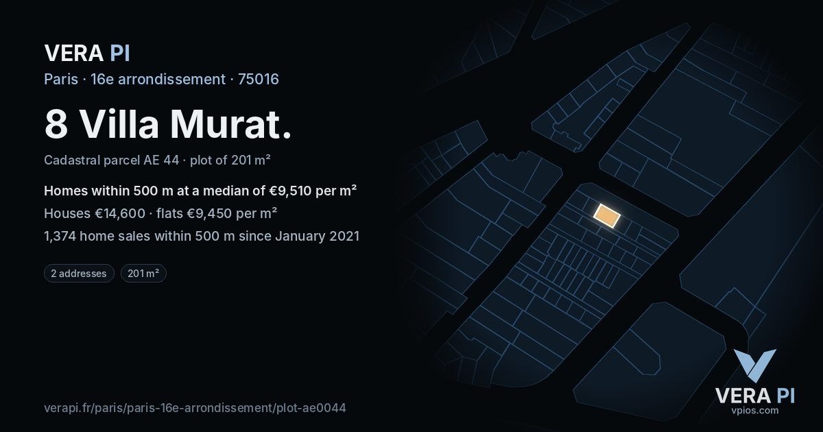 8 Villa Murat, 16e arrondissement at night – the plot lit, the parcels around coloured by the prices near them