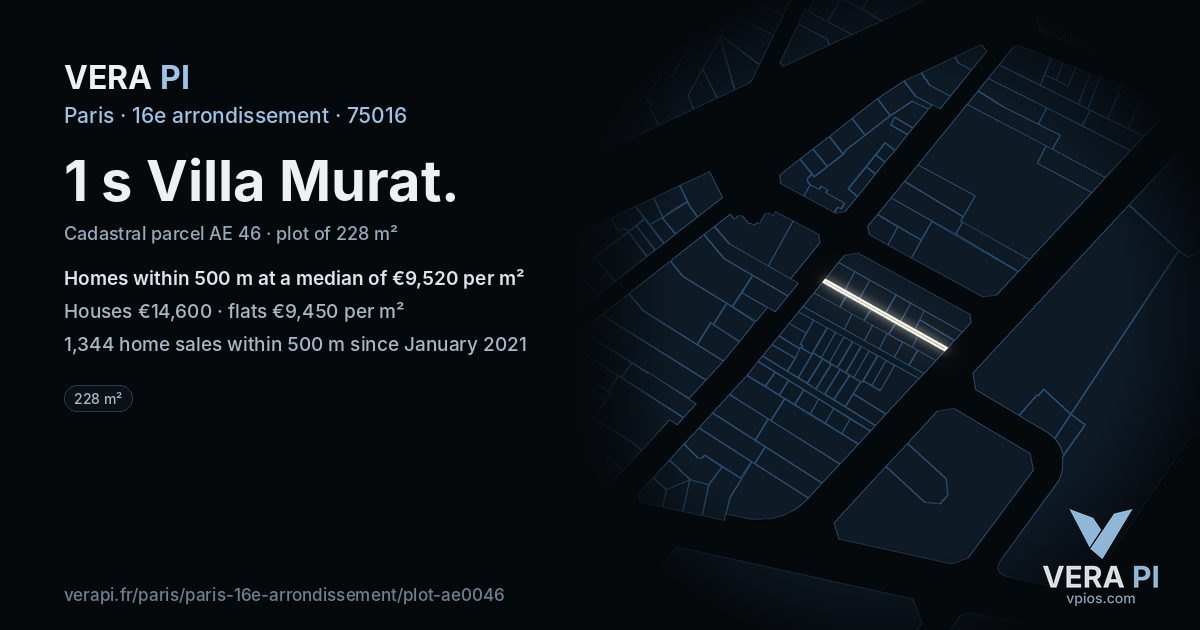 1 s Villa Murat, 16e arrondissement at night – the plot lit, the parcels around coloured by the prices near them