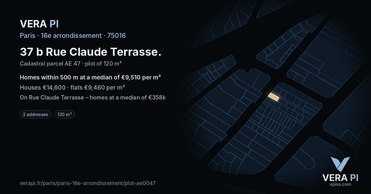 37 b Rue Claude Terrasse, 16e arrondissement at night – the plot lit, the parcels around coloured by the prices near them
