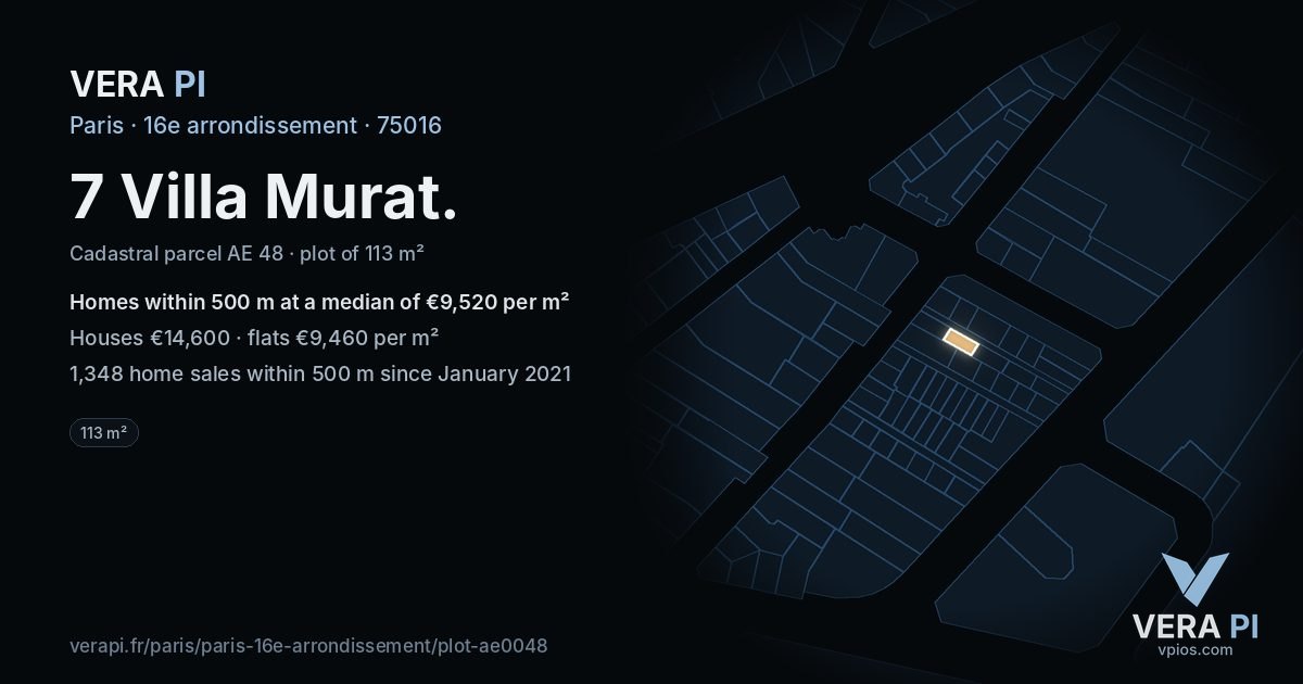 7 Villa Murat, 16e arrondissement at night – the plot lit, the parcels around coloured by the prices near them