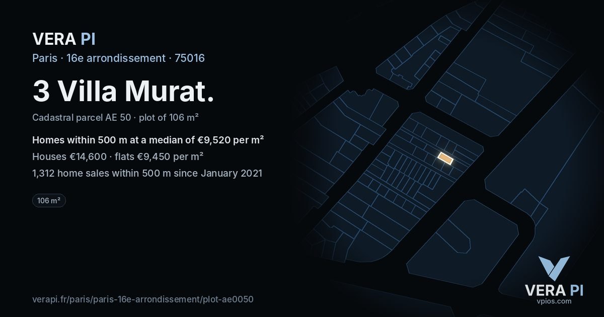 3 Villa Murat, 16e arrondissement at night – the plot lit, the parcels around coloured by the prices near them