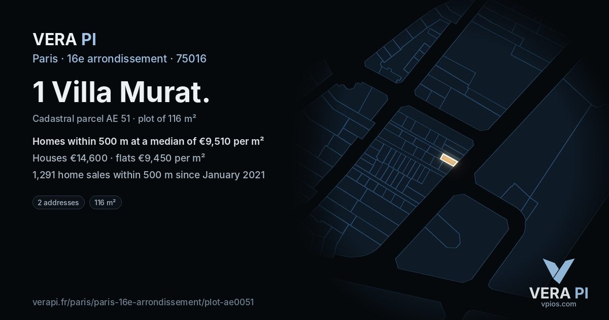 1 Villa Murat, 16e arrondissement at night – the plot lit, the parcels around coloured by the prices near them