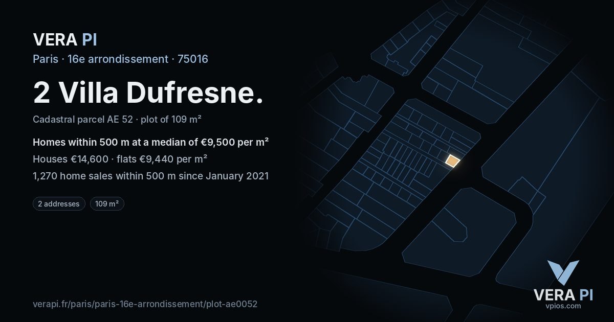 2 Villa Dufresne, 16e arrondissement at night – the plot lit, the parcels around coloured by the prices near them