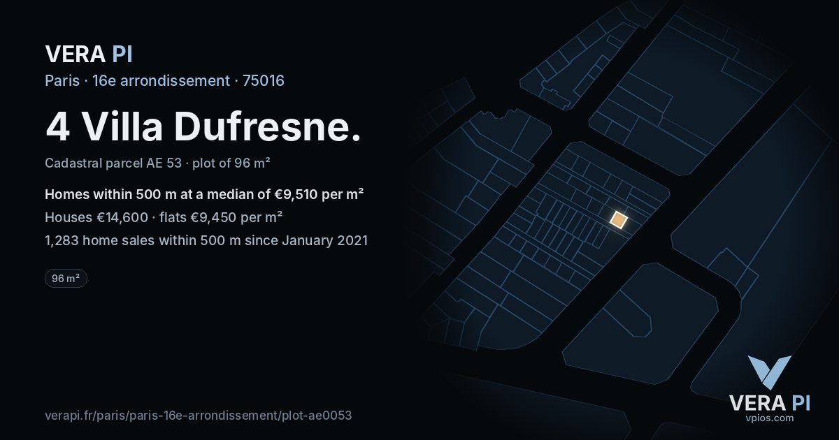 4 Villa Dufresne, 16e arrondissement at night – the plot lit, the parcels around coloured by the prices near them