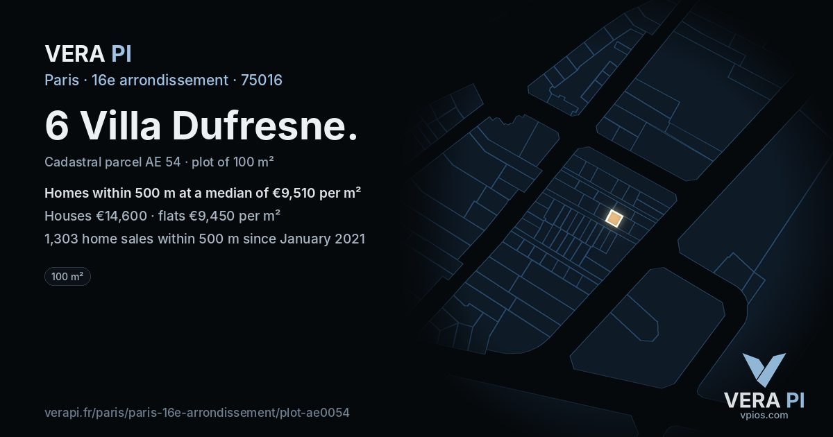 6 Villa Dufresne, 16e arrondissement at night – the plot lit, the parcels around coloured by the prices near them