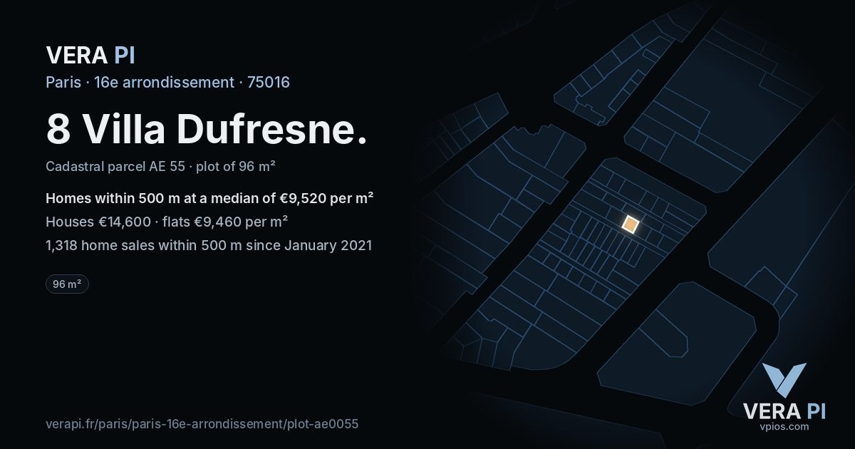 8 Villa Dufresne, 16e arrondissement at night – the plot lit, the parcels around coloured by the prices near them