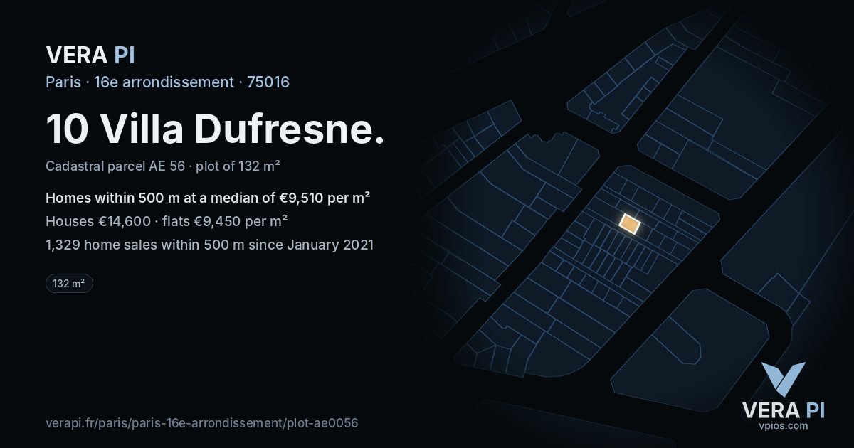10 Villa Dufresne, 16e arrondissement at night – the plot lit, the parcels around coloured by the prices near them