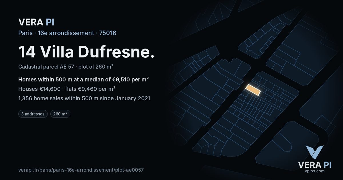 14 Villa Dufresne, 16e arrondissement at night – the plot lit, the parcels around coloured by the prices near them
