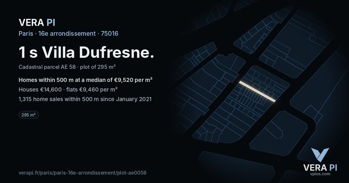 1 s Villa Dufresne, 16e arrondissement at night – the plot lit, the parcels around coloured by the prices near them