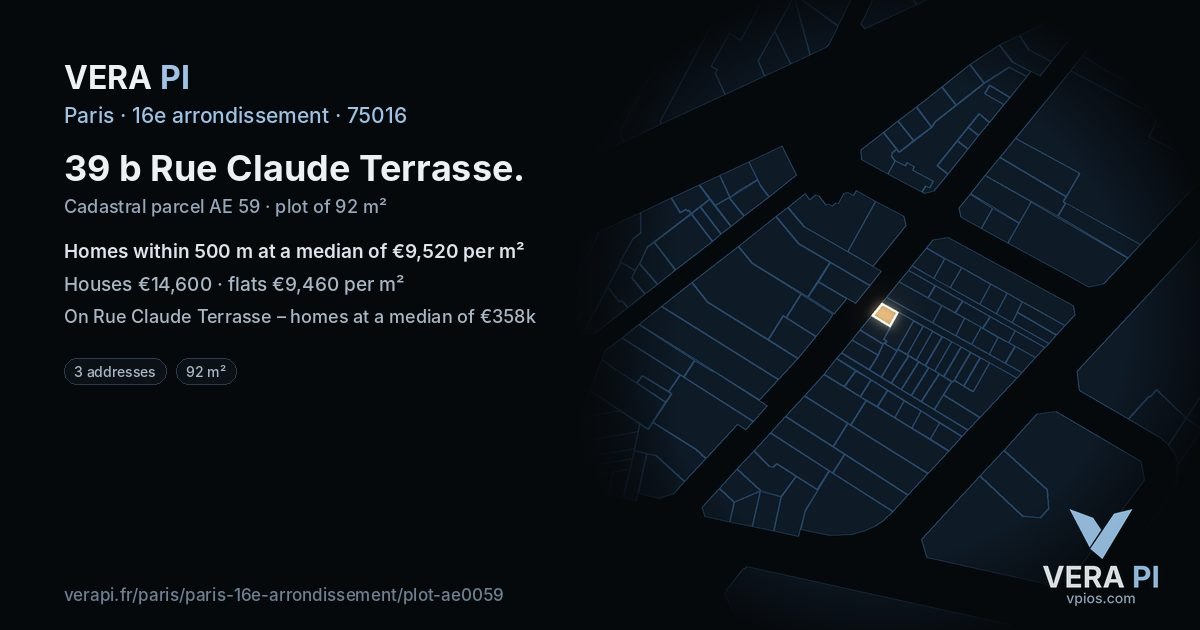 39 b Rue Claude Terrasse, 16e arrondissement at night – the plot lit, the parcels around coloured by the prices near them